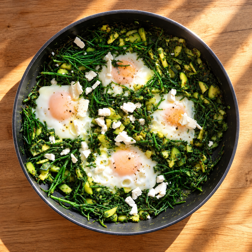 Zonnige skillet met groene shakshuka Groene shakshuka met spinazie, courgette en zeekraal