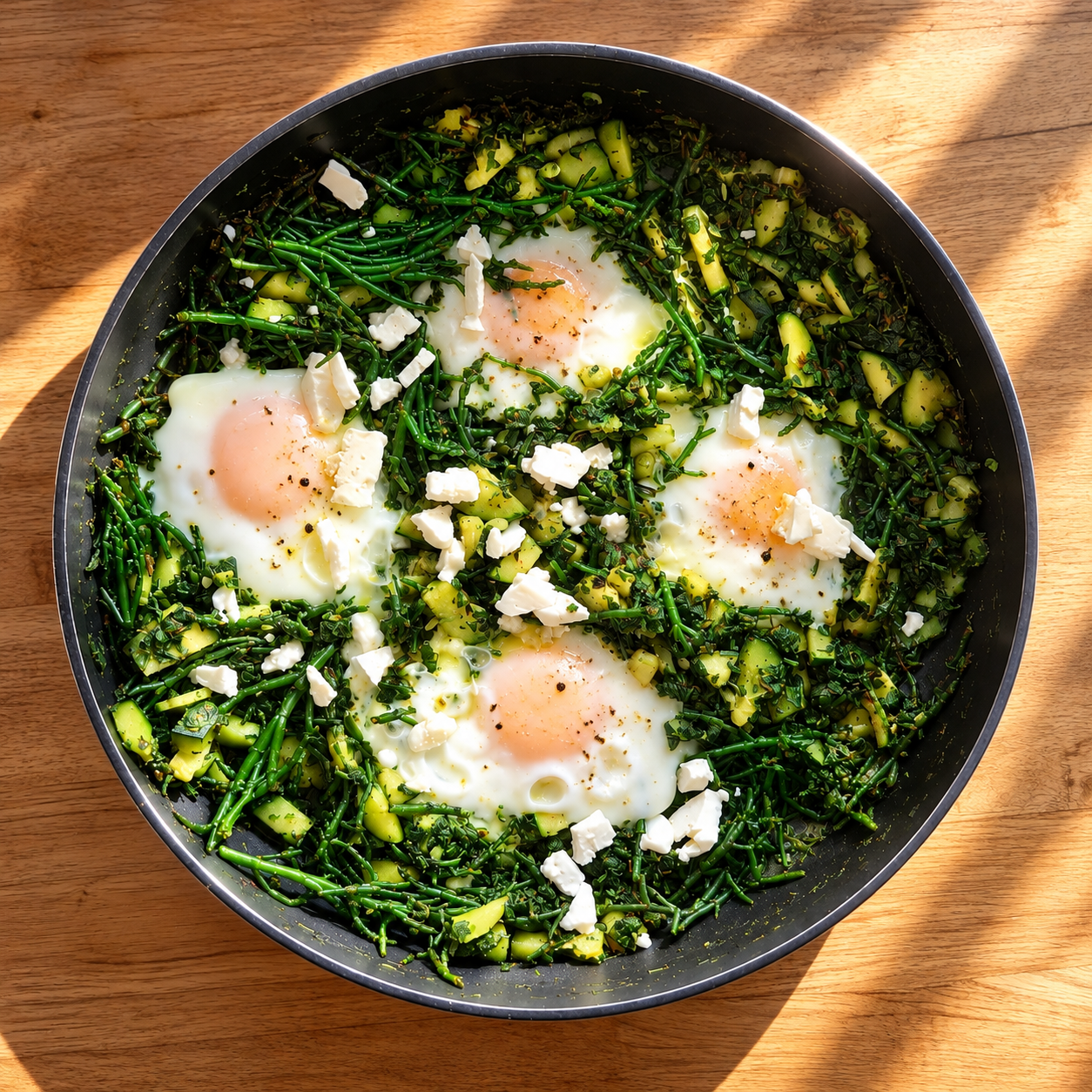 Groene shakshuka met spinazie, courgette en zeekraal